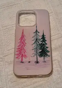 Silicone soft slim case for iphone 15 pro. Retro pink and green Christmas trees. So cute!  Perfect condition. No flaws. Used a couple of times. 