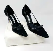 Manolo Blahnik Black Suede Patent D’Orsay Pumps Bow Detail Women’s EU 38.5