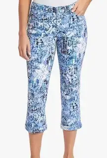 Nine West Blue & White Print Chrystie Cuffed Capri Pockets Mid Rise Size 8