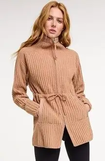 FLX Ribbed Zip-Up Tie Waist Jacket Cardigan Sweater Camel L