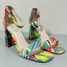 Pink Yellow Green Neon Groovy Trippy Swirl Peep-Toe Open-Toe Heels Sandals Pumps Shoes Size 8.5 🌈🍄