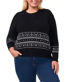 CECE Fair Isle Jersey Knit Crew Neck Dropped Long Sleeve Pullover Sweater