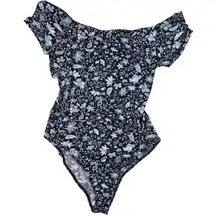 Lush Blue Floral Short Sleeve Bodysuit in Blueberry Cream XL‎ NWOT