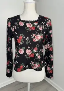 Self Esteem Floral Lace Trim Ribbed Knit Ruched Side Long Sleeve Top XL  