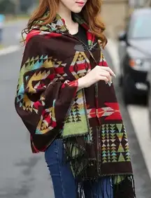 Yellowstone Native American Aztec Tribal Print Fringed Faux Cashmere Cape w/Hood