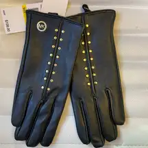 Black Leather Gold Studded Touch Tip Gloves Gift Box NEW