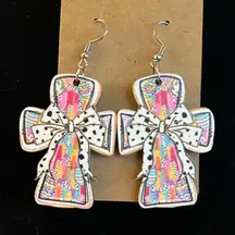 New Wooden Cross & Bow Earrings
