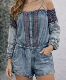 Miss me denim blue color Shoulder Romper with Lace Details