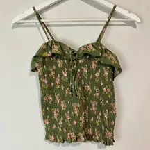 American Eagle Women’s Ruffle Crop Tank Top Green Floral Size XS EUC