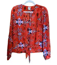 Daytrip Buckle Blouse Size Medium Red Boho Southwestern Print Button Knot Front