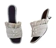 TORY BURCH RAFFIA ELEANOR MULES KITTEN HEELS WITH EMBOSSED LOGO TAN SIZE 9.5 NEW