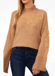 CeCe Tan Knit Sweater Floral Detailing