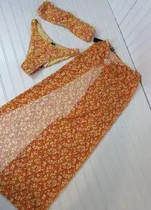 NWT KENDALL+KYLIE  Yellow Pink Flower Bandeau Bikini Swimsuit Coverup Set Sz S