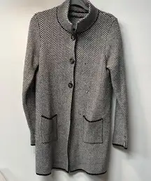 Chic Black and White Herringbone Coat Jacket 3 Buttons Mock Neck Collar Size L