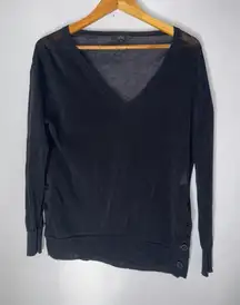 j crew medium‎ Black Linen Blend V Neck Long Sleeve Sweater Minimalist
