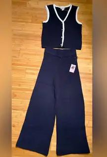 Sincerely Jules Women’s 2Pc Navy Knit Sweater Set,Vest+Wide/Flare leg Pants|SZ:S