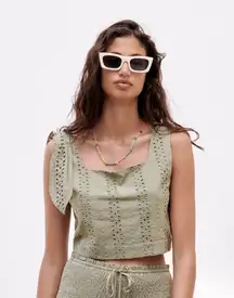 NWT ZARA Embroidered Eyelet Cutout Crop Top Green Medium