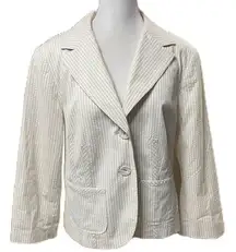 Tan & White Seersucker Stripe 3/4 Sleeve 2 Button Blazer Size 12