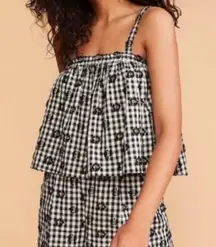 Black and White Gingham Tank Top with Floral Embroidery