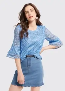 Draper James Lattice Double Bell Sleeve‎ Blouse Top Blue Size 6