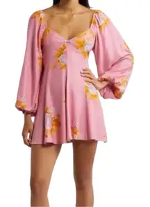 FREE PEOPLE Francesca Mini Babydoll Coqette Dress Floral Pink Puff Long sleeve L