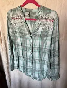 Vanity Plaid With Lace Button Up Woman’s Top Size Small