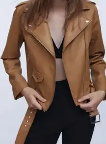 Zara Faux Leather‎ Moto Jacket Camel Brown Size L