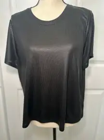 Anthropologie Porridge Black Sheer Short Sleeve Shiny Crop Top T Shirt Size XL‎