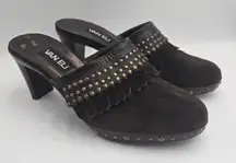 Van Eli Brown Suede Studded Clog Mules Heels Fringe Trim Slip On Women’s 9W Boho