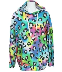 Rainbow Leopard Print Jersey Knit Pullover Hoodie with Pockets XL