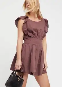 Free People Women's Small Erin Ruffle Sleeve Open Back Skater Mini Dress Brown