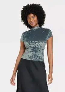 A New Day Womens Short Sleeve Slim Fit Mock Neck Velvet T-Shirt Top Teal Blue XS