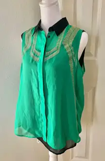 Green and Black Sleeveless Chiffon Top