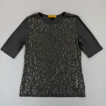 St John Gray Sequin Embellished 3/4 Sleeve Top Women Size M