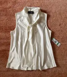 Black Label Evan-Picone L Ivory Satin Tie Neck Sleeveless Blouse NWT