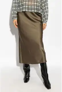 RTR Samsoe Samsoe Sz XS Olive Green Saagneta Satin Slip Midi Skirt silky stretch