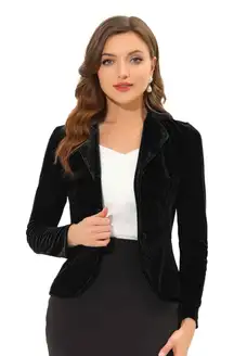NWT Allegra K Black Velvet Notched Lapel Button Office Blazer – Small
