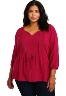 Robert Louis Fuchsia Embroidered Tunic Blouse Women XL 3/4 Sleeve Top NWT