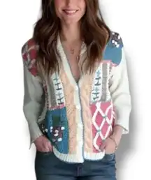 Vintage 90s Cardigan Sweater Patchwork Cable Knit White Pastel Button Up Cropped