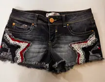 No Boundaries Star Patch Denim short shorts patrotic 4th JULY  Frayed Cuffs Sz 9