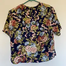 Vintage VTG SLB Sunny Leigh 100% Silk Navy Floral Flower Top Blouse Shirt Medium