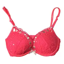 Victoria’s Secret Coral Floral Embroidered Sequin Push Up Bra 32D Bows Neon Pink