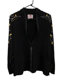 Quacker Factory Christmas Sweater holly black Red Gold sequin beaded Cardigan