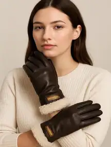 Koolaburra by Ugg Brown Genuine Leather Gloves Faux Fur Lined Cuff Size S