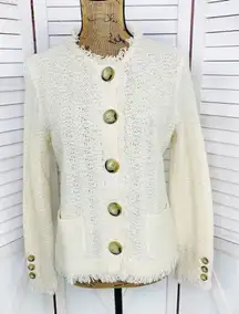 Talbots Boucle Alpaca Wool Fringe Hem Sweater Jacket Cream Button Front PS