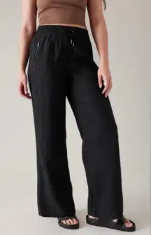 Athleta Cabo Linen Wide Leg Pants Black Drawstring Zip Pockets Plus Size 16 TALL