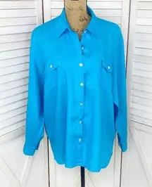 Studio Works Linen Button Front Shirt Turquoise Large Long Sleeve