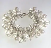 Silver Tone Faux Pearl & Clear Beads Chunky Boho Beaded Bracelet