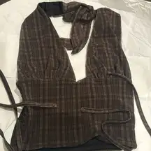 Tiger mist gingham check halter tie crop tank top brown side tie neck tie xs