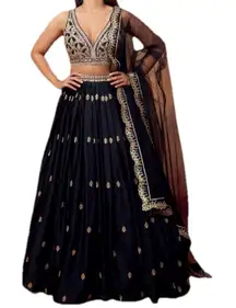 Lashkaraa Embroidered Satin Lehenga Black and Gold XS/S